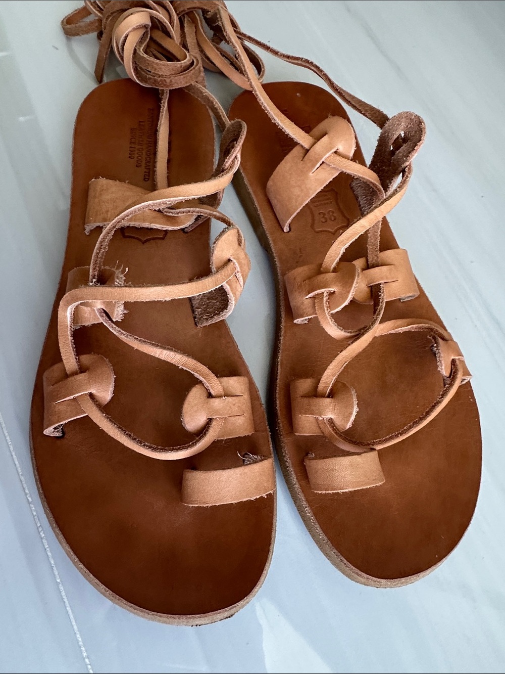 Greek Women's Tan 100% Natural Leather Strappy Gladiator Sandals. Size 7.5 / 38